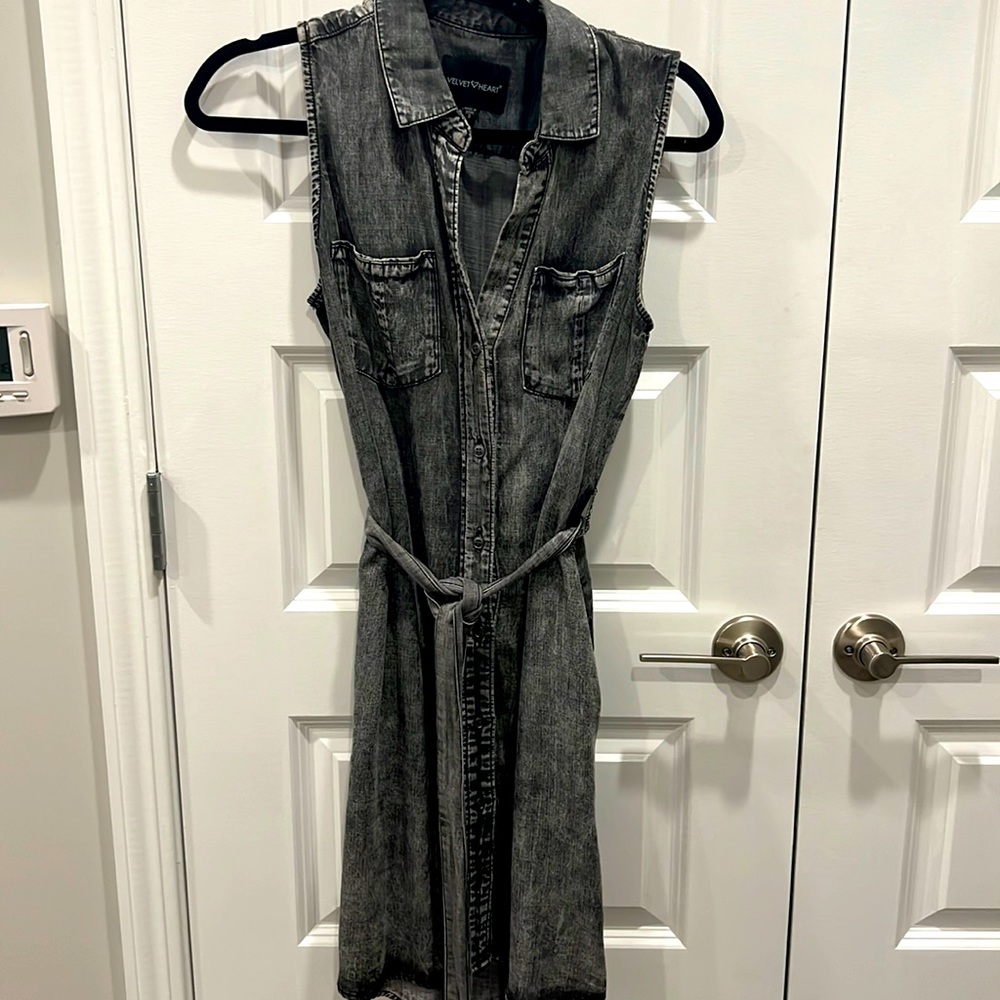 Velvet heart charcoal denim-look dress with pockets, size small